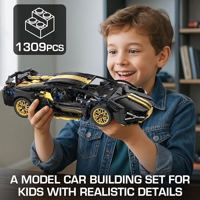 PIKARO Sports Car Building Set for Adults &amp Boys 1:14 MOC Black Race Car Model Kits Collectible Supercar Toys Birthday Gifts for Kids Teens Age 8-14 12-16 (1309 Pieces)
