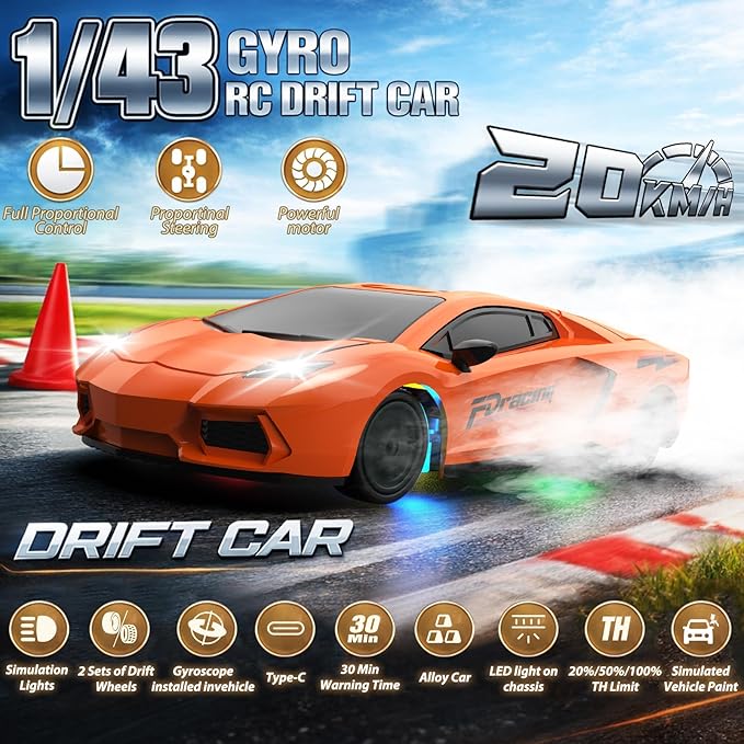 RC Drift Car 1/43 Mini RC Drift Car with Gyro 2.4GHz Full Proportional Control 20KM/H 4WD High Speed Remote Control Alloy LED Lights &amp Drift Tires Toys Gift for Adults Boys and Girls