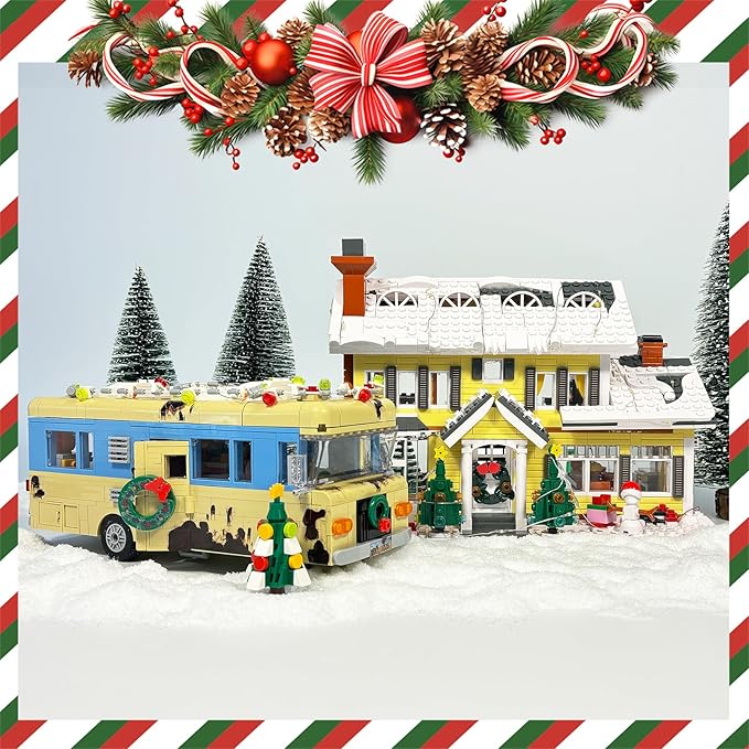 Snow Village&amp RV Building Set with LED Lights2 in 1 Christmas Vacation Holiday House and Christmas Holiday Snow Village RV Gift(1726PCS)