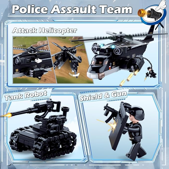 City SWAT Building Set - 7 Minifigures Helicopter Police Car &amp 830 Pieces - Compatible with Lego City Police Station - Gift for Boys &amp Girls Aged 6+