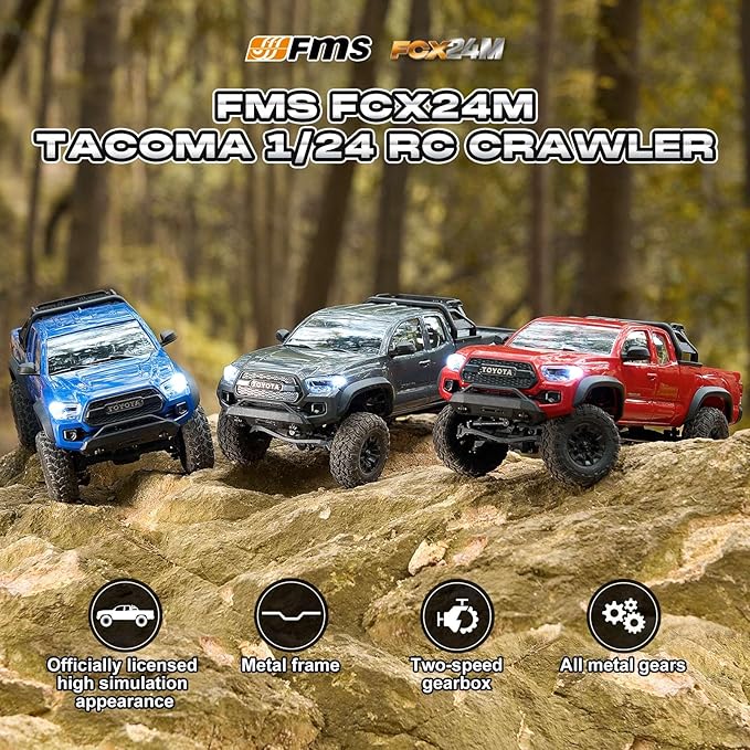 FMS FCX24 TOYOTA TACOMA 1/24 RC Crawler 4x4 RC Truck Crawler Official Licensed Scale RC Rock Crawler with 2-Speed Transmission High Torque Motor All-Metal Bearings RTR RC Car for Adults (RED)