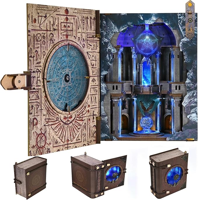 Book Nook Kit DIY Miniature Dollhouse Magic Booknook Kit 3D Wooden Puzzle Bookend Bookshelf with LED Light for Adults Teens (Circle of Magic)