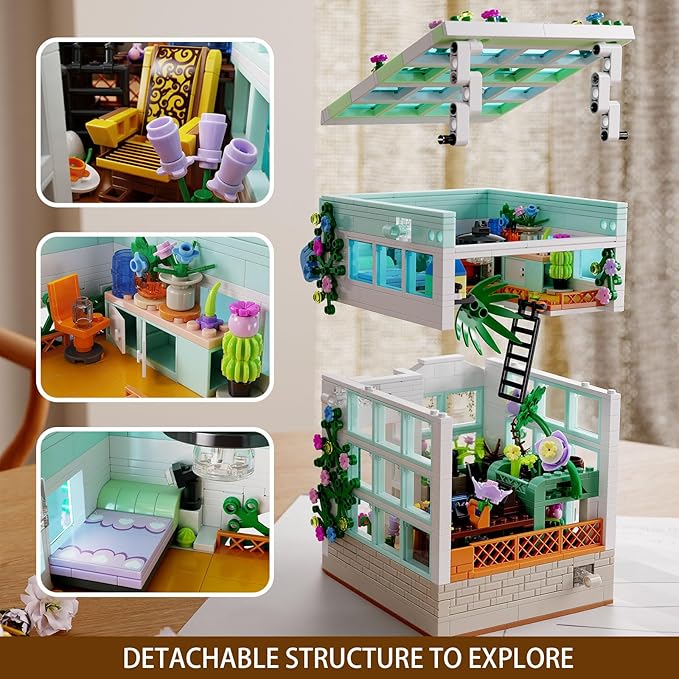 Flower House Building Set with LED Lights 1077 PCS City Greenhouse Building Block Toy Garden House Architecture Book Nook Home Decor Birthday Gift for Adults or Girls 8-12 Years
