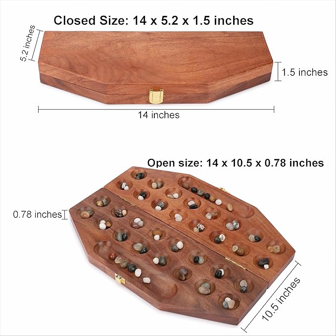 Ajuny Wooden Mancala Board Game Set – Classic Board Games Portable Folding Travel Mancala Board with Marbles (96 Stones) Ideal Family Wooden Games for Adults &amp Kids