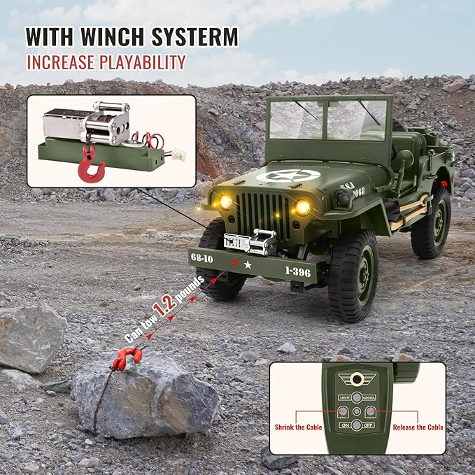 Remote Control Truck Off Road - 4x4 1/10 Scale Willys Army Rock Crawler RC Truck with Winch&ampCar Cover 40Mins Play Time All Terrain Offroad RC Car Military Vehicle Toys for Boys Radio Controlled
