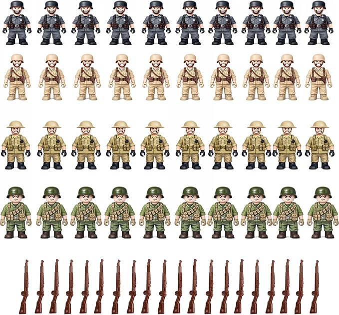 WW2 Army Men 40 Pcs Set -Compatible with Major Building Bricks 10 US 10 British 10 French 10 German Soldiers - for Dioramas &amp War Games