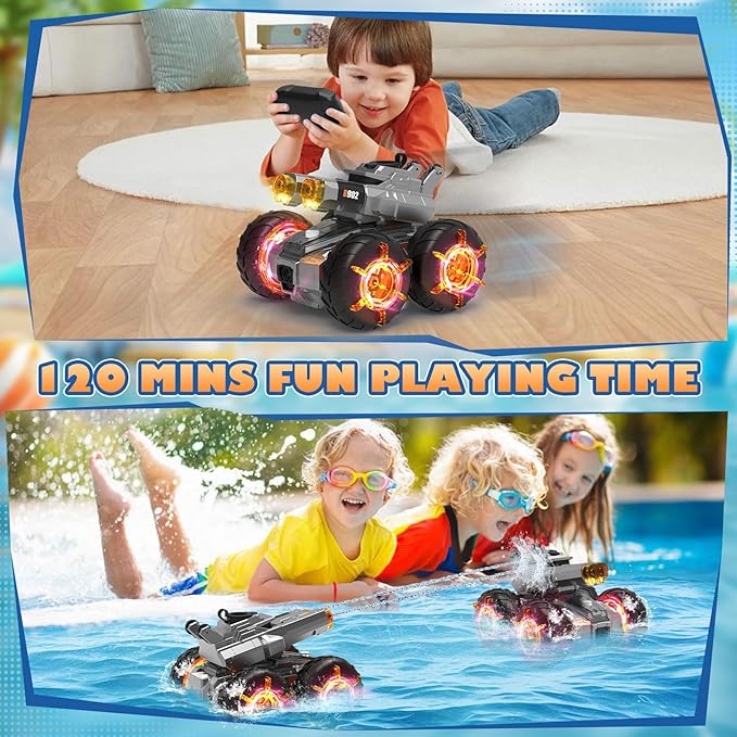 Waterproof Remote Control Car with Water GunRechargeable Amphibious Rc Car BoatsGesture Sensing RC Stunt Cars Drive on WaterOutdoor Indoor Pool Toys for KidsBirthday Gifts for Boys Girls Teens 8+