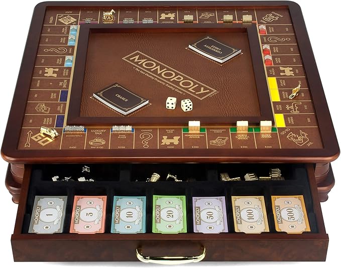 Monopoly Luxury Edition by WS Game Company Burl Wood Cabinet with Gold Foil Stamped Game Board Faux Leather Rolling Area and 2 Storage Drawers Premium Board Games for 2-6 Players