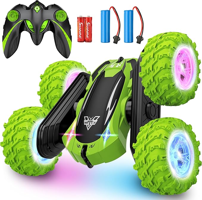 KKONES Remote Control Car 2.4GHz Electric Race Stunt Car Double Sided 360° Rolling Rotating Rotation LED Headlights RC 4WD High Speed Off Road Gift for 3 4 5 6 7 8-12 Year Old Boy Toys (Green)