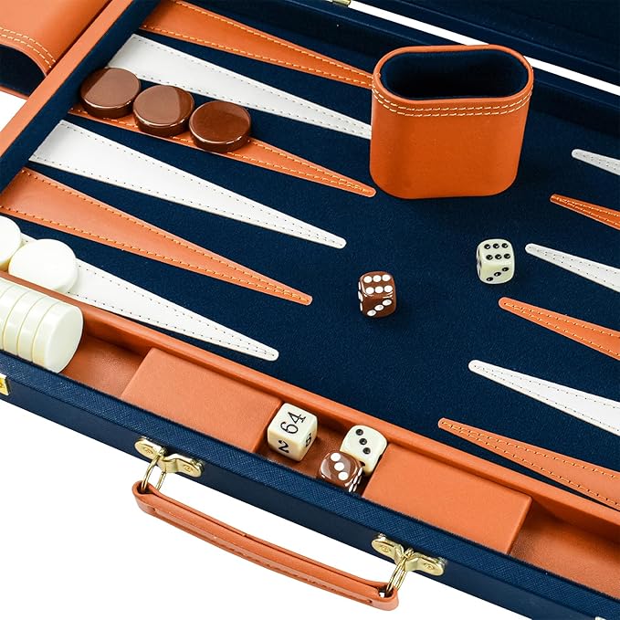 Backgammon Sets for Adults Large Backgammon Board Games Set 17.5 Inch Premium PU Leather Backga mon Game Portable Backgammon Case for Travel Classic Board Strategy Game Gifts Dark Blue