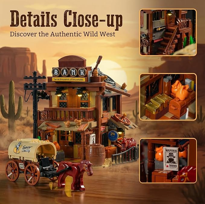 Western Bank Modular Building Set for Adults Wild West Cowboys Cabin with HorsesWagon &amp LED Lights Collection House Set for West Lovers (1299PCS)