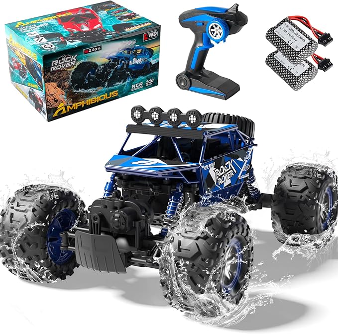 1:10 Scale Remote Control Car 48+ KM/H High Speed Amphibious RC Monster Truck 4WD Waterproof Off RC Road Car 2 Batteries 80Mins Play Toy Gift for Adults Kids Boys Girls