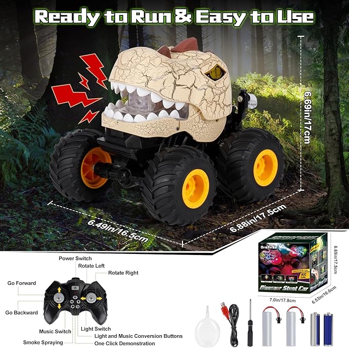 Dinosaur Remote Control Car for Kids Ages 3-5 6-12 Remote Control Monster Truck with Spray Light 360° Rolling&amp90° Driving All Terrain Dinosaur Toy for Boys Birthday Gift