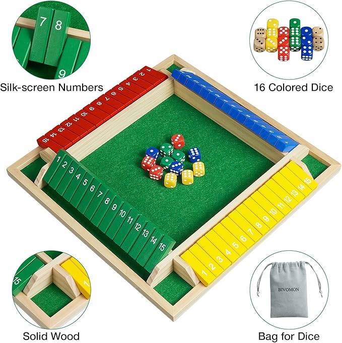 Upgrade Shut The Box Dice Game 1-4 Player Wooden Board Table Math Games with 16 Dices Classics Tabletop Version Games for Kids &amp Adults Home Classroom Party or Pub (14 Inches)