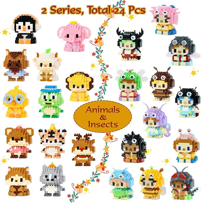 Mini Building Block Sets Animal 24 PackEaster Egg Fillers for Kids Party Favors for Kids Building Set for Goodie Bag Fillers Classroom Prizes Ages 6+ (Animals and Insects)