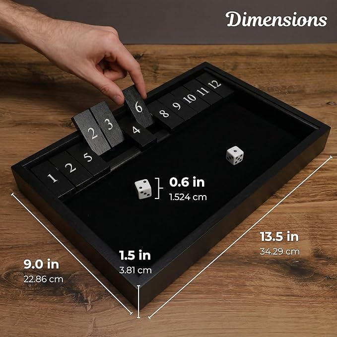 WE Games Wooden Shut The Box - Close The Box Set Pub Game with 12 Number Tiles &amp 2 Dice Games - 13.5” Black Stained Finish for Adults