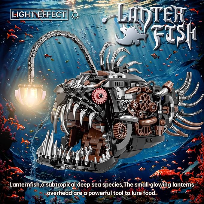 Mechanical Lantern Fish Building SetSea Animal Building Block ToyHome Decor Gift for for Adults and Kids 1038PCS ﻿