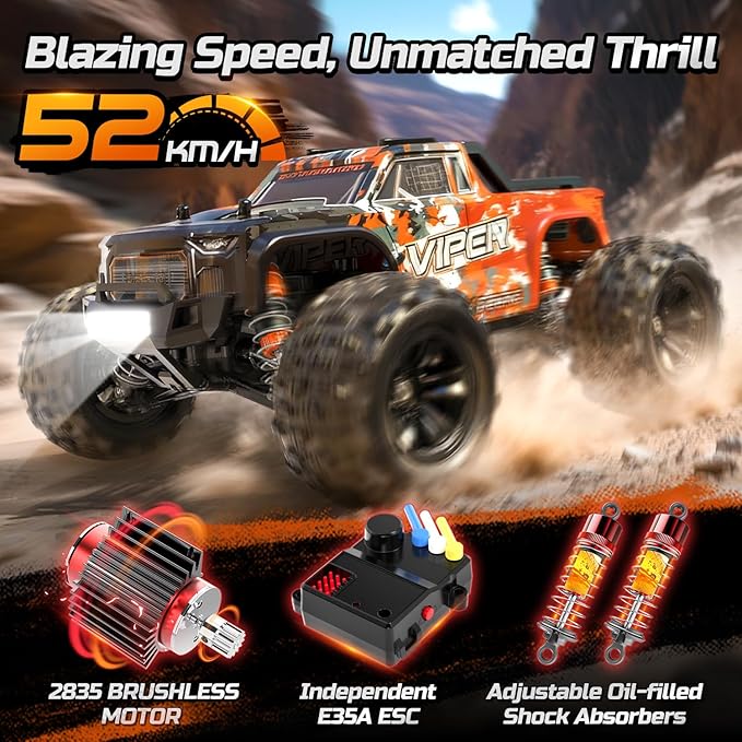 DEERC H16R Brushless Fast RC Cars1:16 52KM/H High Speed Remote Control Car4X4 All Terrains RC Monster TruckWaterproof Off-Road Hobby Electric Vehicle Car Gift for Adults Boys2 Li-ion Batteries