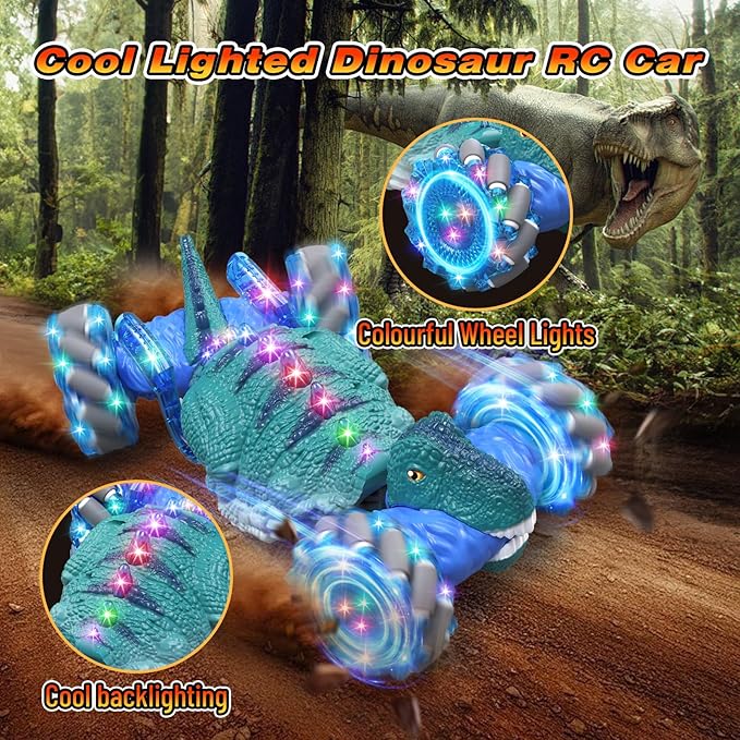 Remote Control CarDinosaur Toys car for Kids2.4GHz LED Gesture Sensing RC Car4WD Rotation RC Stunt Car with Lights and MusicDino Toys for Kids Ages 3 4 5 6 7 Gifts for Boys Girls(Blue)
