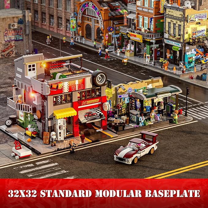 Street MOD Garage Lighting Building Bricks Set - Street Fusion City Car Modification Shop Modular Building Collection Kit 1935 Pcs for Adults &amp Teen &amp Car Lovers
