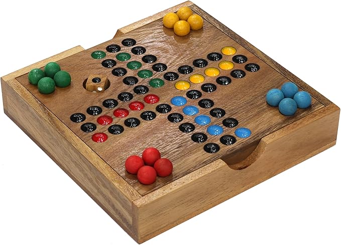 Premium Wooden Ludo Board Game – Handcrafted Travel-Size Game Set by SiamMandalay – 16 cm Compact Design with Dice &amp 16 Colorful Playing Pieces – Classic Strategy Game for Adults and Teenagers