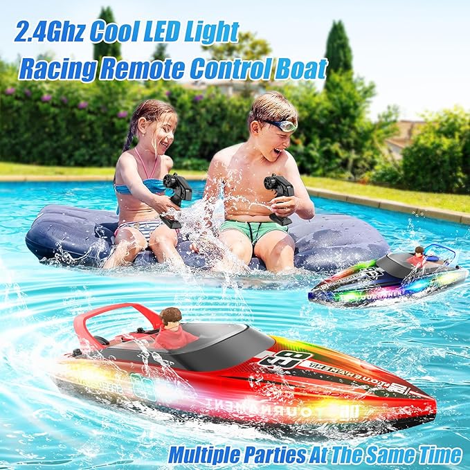 RC Boat with LED Lights 40+ Mins Self-Righting Waterproof Remote Control Boat for Pools Lakes Bathtubs Summer Water Toys for Kids Radio Controlled Watercraft (Red)
