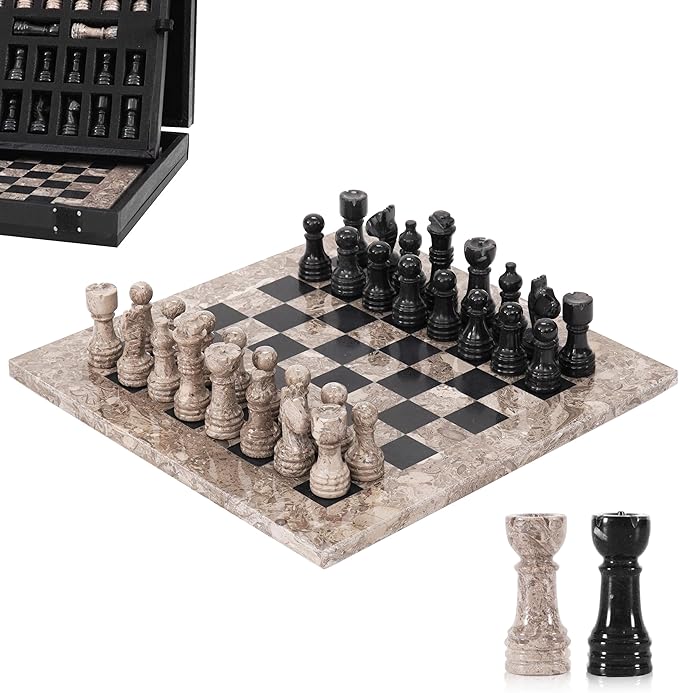 Marble Chess Set for Adults 10 Handmade Oceanic &amp Black Board Game with 32 Chess Pieces 2 Extra Queens &amp Storage Box Luxury Travel Game Elegant for Home Decor