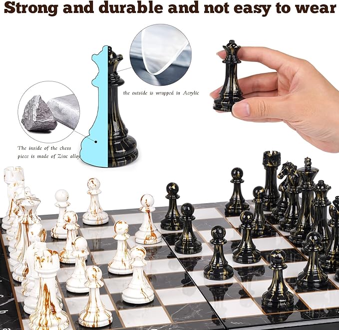 15 Large Chess Set for Adults with Weighted Acrylic Chess Pieces 3.5 King &amp Portable Folding Marbling Wooden Chess Board Travel Chess Sets Family Board Game Gift – Elegant Classic Chess Game