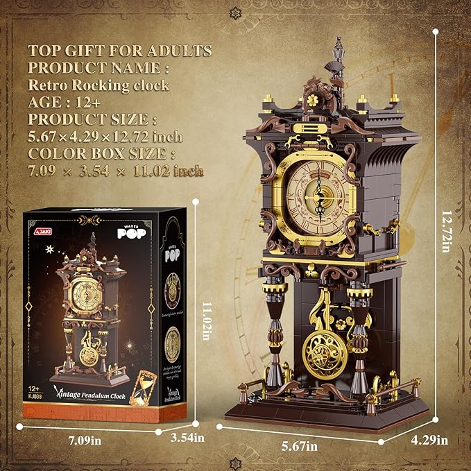 JAKI Vintage Swing Clock Building Blocks Set Real Working Mechanical Clock with Moving Pendulum &amp Rotating Dial Retro Steampunk Home Decor Gift for Adults &amp Teens Gifts for Birthdays and Chr