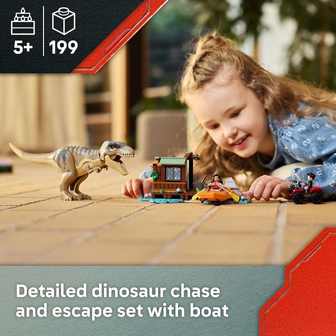 LEGO Jurassic World T. rex River Escape - Dinosaur Toy for Kids Boys and Girls Ages 5-7 - Jurassic World Toy Boat Minifigures - Creative Dinosaur Gift for Movie Fans - 76975
