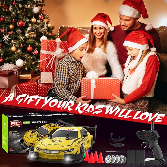 RC Drift Car 1:20 Scale Remote Control Cars 2.4GHz 4WD High Speed RTR Racing Vehicle with LED Lights 2 Rechargeable Batteries and Drifting Tires Racing Sport Toy Car for Adults Kids Boys Girls