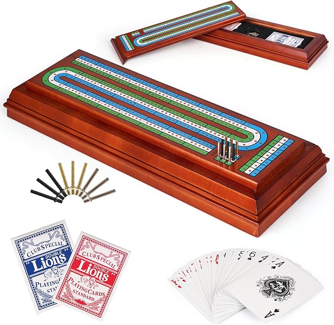 Wooden Cribbage Board Game Set with Cards and Metal Pegs 3 Track Cribbage Board with Storage Drawer Portable Travel Cribbage Set for Adults Families Seniors Camping &amp Game Night