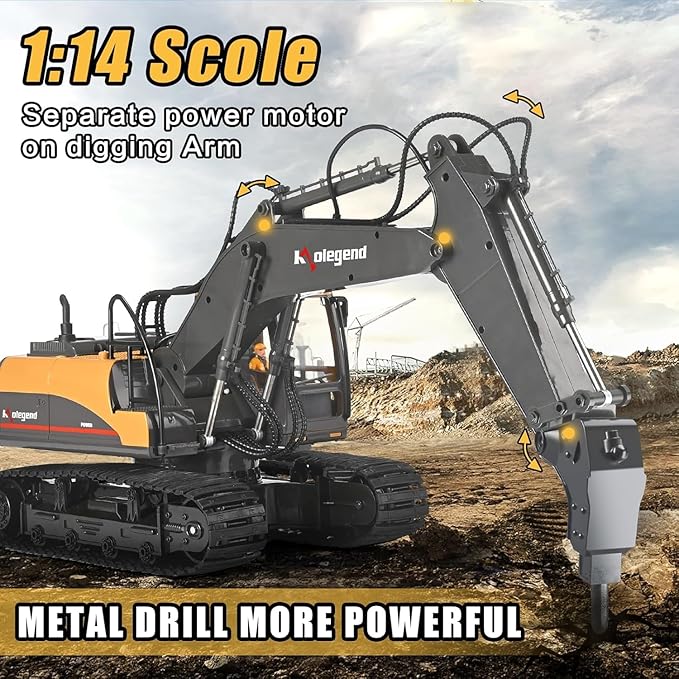 kolegend 3 in 1 Remote Control Excavator Toy 1/14 Scale RC Excavator 15 Channel Upgrade Full Functional Construction Vehicles with Tools Metal Breaker and Electric Gripper(Yellow/Black)