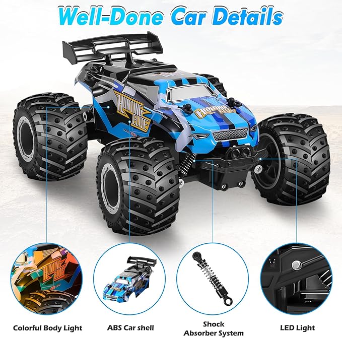 Remote Control Car Remote Control Truck 2.4Ghz All Terrain Off-Road Monster Truck 20 KM/H Rc Cars with LED Bodylight and 2 Rechargeable Batteries Toys for Boys