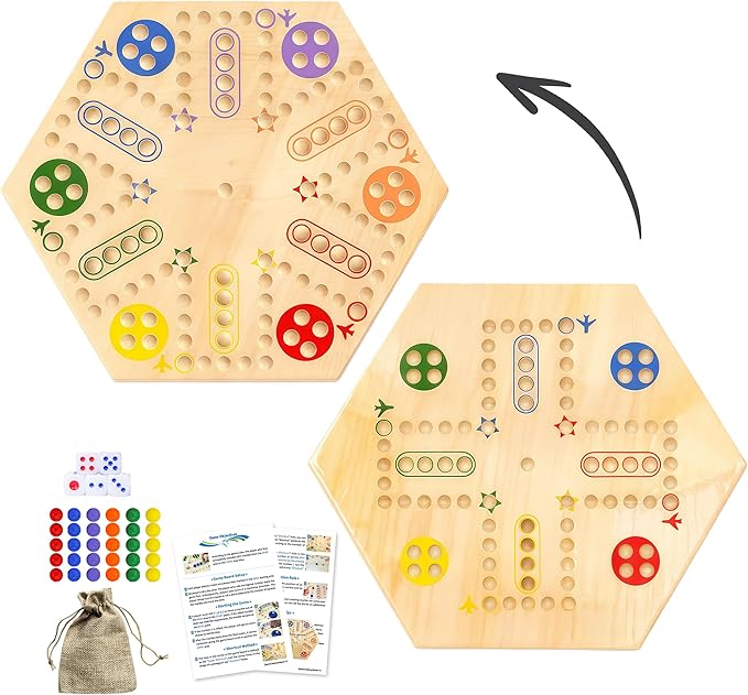 Wooden Wahoo &amp Board Game – Double-Sided Painted Fast Track Game for 4 to 6 Players with 30 Marbles and 6 Dice Ideal for Family Game Night and Friends Gatherings (Wooden)