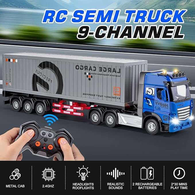9 Channel RC Semi Truck with Trailer Metal Cab 2.4Ghz Remote Control Container Truck with Lights and Sounds Birthday Gift for Kids Boys 18.5