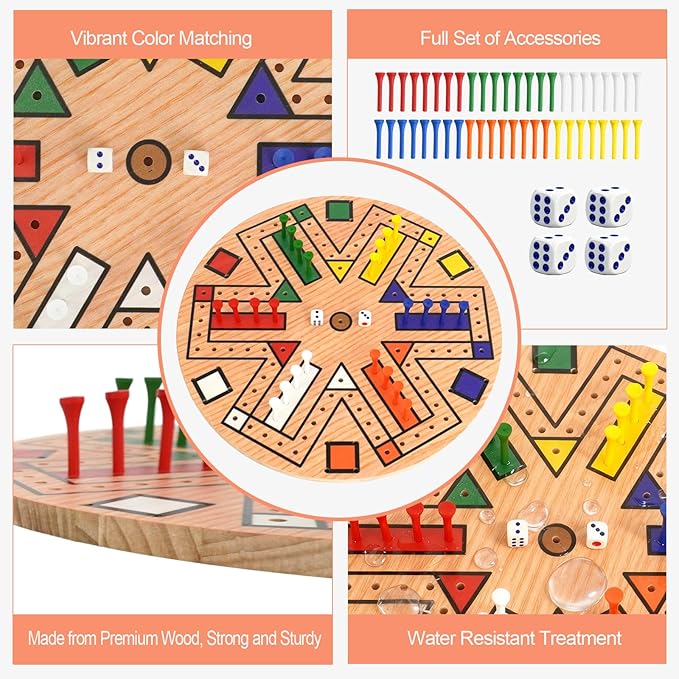 Wooden 3-6 Players Board Game Set with 48 Pieces and 4 Dice 13.7 Inch Painted Wooden Board Game for Adult Teen Family (6 Colors)