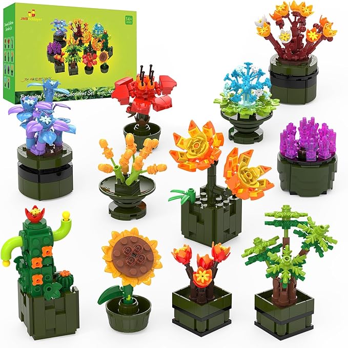 JMBricklayer Flowers Succulents Building Sets for Adults Valentines Day 12 Pack Tiny Plants Botanical Collection Display for Room Decor Bonsai Flowers Building Blocks Gifts for Women Valentines