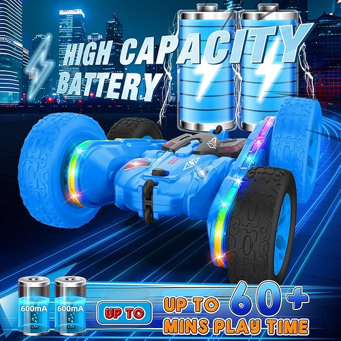 Remote Control CarRC Cars with Sides Light Strip and HeadlightsDouble Sided 360 Flips Rotating RC Stunt Car2.4Ghz All Terrain Toys for Ages 4-8 Kids Toy for Boys Birthday Gift(Blue)