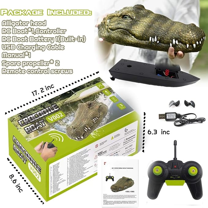 2.4 GHz Remote Control Alligator Head Boat RC Boats - Large Resin Decoy and Floating Crocodile Head Toy Rechargeable Battery Prank Toys Remote Controlled Boat Lake &amp Pool