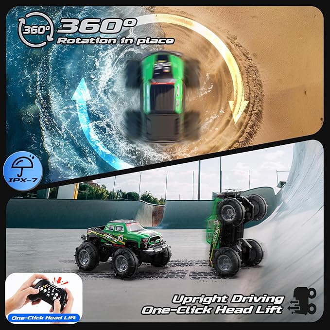 DEERC BG028 Amphibious RC Monster Truck/Boat IPX7 Waterproof Remote Control Car W/Gesture Sensing Control 2.4GHz 4WD RC Car W/ 360°RotationFlowing Light40mins Play RC Truck Toys for Kids Boys