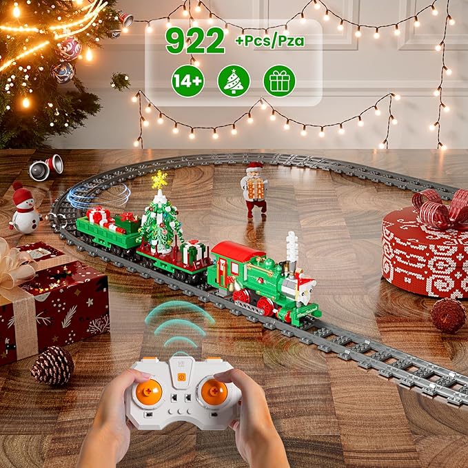 Mould King Christmas Train Building Set Locomotive Model Blocks Kit with Christmas Tree RC Toy Train Sets for Boys Kids and Adults 12039 App and Remote Control Steam Train with Motor (922 Pieces)