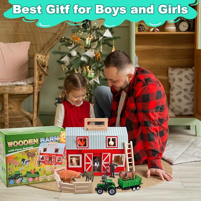 Wooden Barn Toys Play Barn with 12 Animal Play Figures for 3+ Years Old Toy Barn and Farm AnimalsWooden Barn Playset for Christmas Birthday Gift for Boys Girls