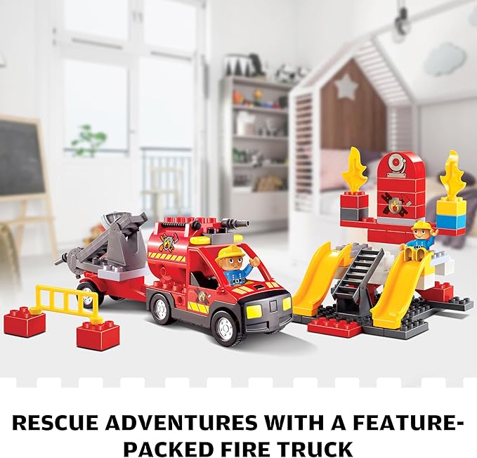 Fire Station Playset Fire Trucks for Toddlers 3-5 Classic Big Building Blocks Compatible with Lego Fire Station and DUPLOs for Age 3-5 Firefighter Gifts Firetruck Toys 3-5 Years Old