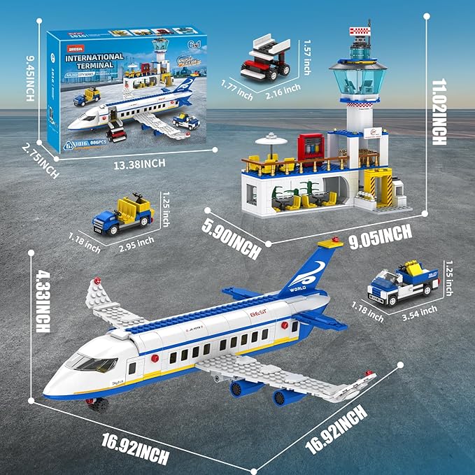 City Passenger Airplane Building Set 886 Pcs STEM 6 in 1 Airport Passenger Plane Building Block Toy with Terminal Shuttle BusLuggage CartChristmas Birthday Gifts for Boys Girls Ages 6-12+