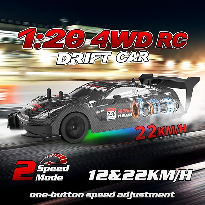 RC Drift Car 1/20 Scale 2.4GHz 4WD Remote Control Car with Led Lights 22KM/H High Speed Rechargeable Batteries Racing Sport Cars RC Cars for Kids Boys Girls Adults Gifts Birthday Christmas