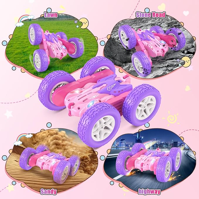 Remote Control Cars for Girls 2.4GHz RC Stunt Car with 360° Flips &amp Double Sided Driving Changeable Wheels LED Headlights Birthday Gift for 5-12 Year Old Girls (Pink)