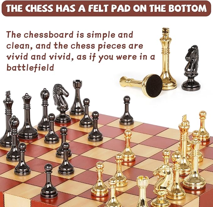 Metal Chess Set for Adults &amp Kids with Metal Chess Pieces –Wooden Chess Board Game with Portable Storage Case Classic Strategy Family Board Game Gift Travel Chess Set