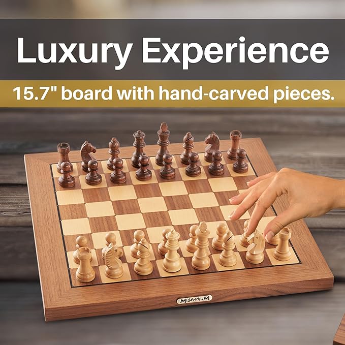 Millennium Chess Classics Exclusive - Electronic Chess Board Set - Chess Teacher &amp Trainer - Auto Sensing Light Up Squares - Smart AI Chess Board for Enhanced Gameplay - Real Wood Hand-Carved Piec