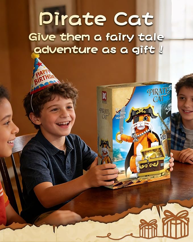 Pirate Captain Cat Building Set for Adults Compatible with Lego Set 1424PCS Orange Cat with Treasure Chest &amp Pirate Hat Adventure Collection Gifts for Animal Lovers